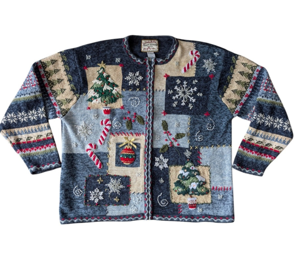 Vintage Heirloom Collectibles Christmas Sweater Full Zip Sz 1X Patchwork Cottage